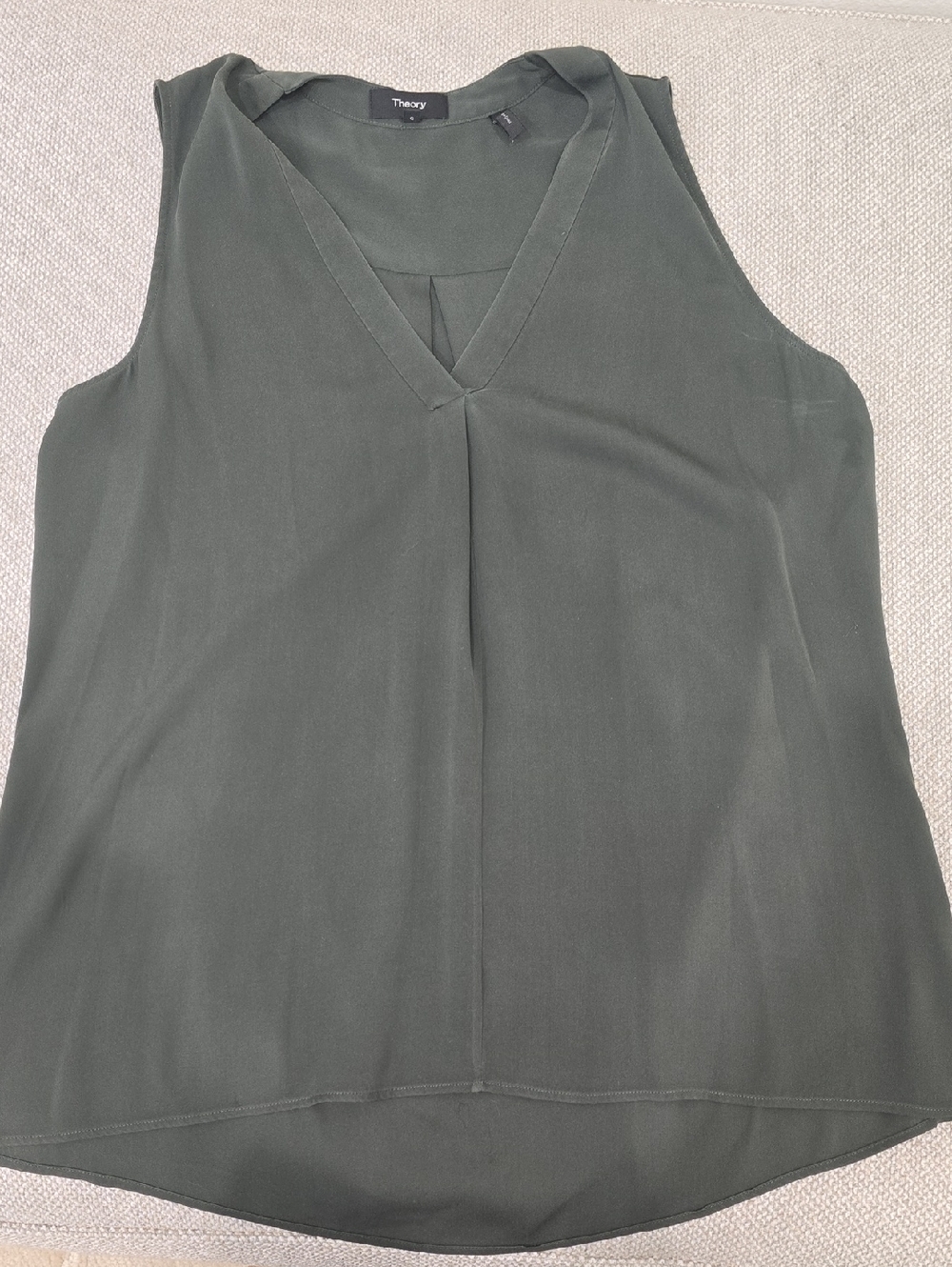 Theory Silk Olive Green Sleeveless V-Neck Blouse